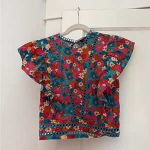 Teal Floral Lace-Trim Crop Top